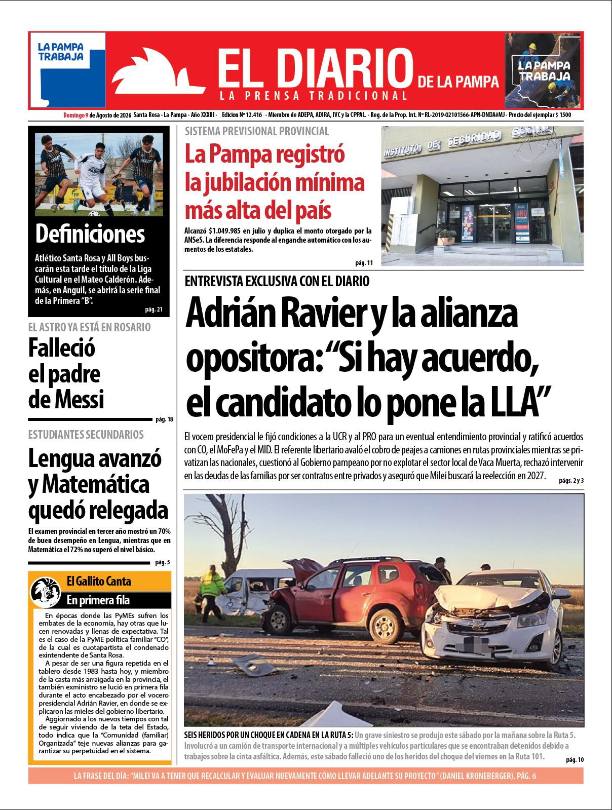 Tapa de El Diario en papel  domingo 09 de agosto de 2026